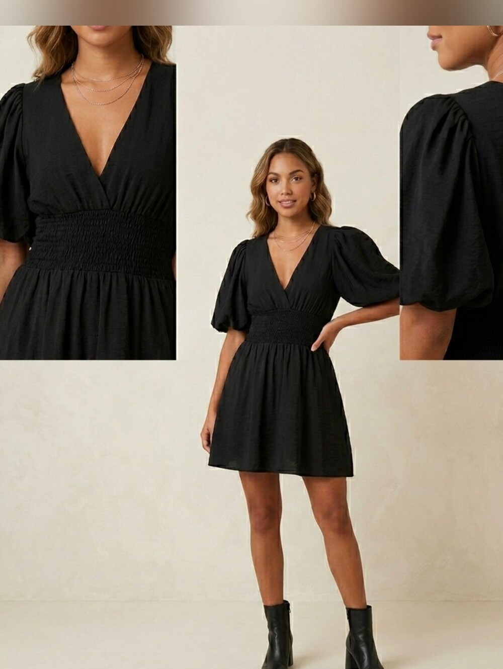 Millibon Black V-Neck Smocked Waist Mini Dress Puff Sleeve. Sz Med.